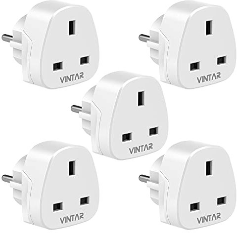 VINTAR UK to European Plug Adapter,Grounded 3 Pin to 2 Pin EU Euro Europe Schuko Travel Adaptor for France Germany Spain Turkey Greece Russia and More(Type E/F), 5 Packs White