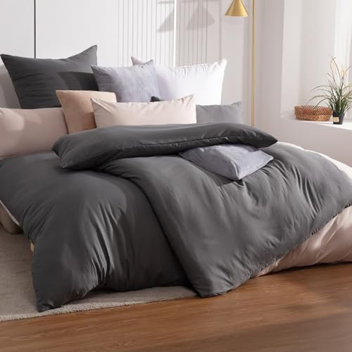 Soifox Bettwäsche 135x200 4teilig Anthrazit bettwäsche sets aus Mikrofaser bügelfrei & knitterfrei - Bettbezug 2er Set + Kissenbezug 2er Set 80x80 mit Reißverschlus