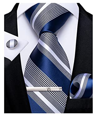 DiBanGu Blue White Stripe Tie Silk Purple Necktie and Pocket Square Cufflinks Tie Clip Set Jacquard Woven Ties for Wedding