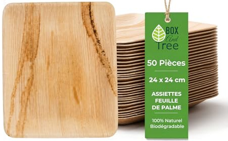 BOX And Tree| 50 Assiettes Jetable en Feuille de Palmier 24x24cml Alternative aux Assiettes en Plastique | Aspect Bois Naturel, Style Bambou | Pour Buffet, Mariage, Anniversaire et Réception