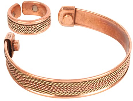 Touchstone Pulsera de cobre magnético forjada a mano con estilo tibetano minimalista y elegante de calibre alto y macizo y anillo a juego., 17.02 centimeters, Sin piedra preciosa