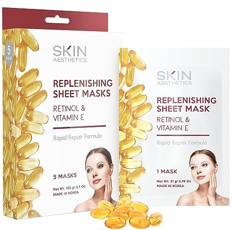 Skin Aesthetics Retinol & Vitamin E Sheet Face Mask - Repairs Skin, Diminishes Fine Lines & Wrinkles, Anti-Aging - Dermatologist Tested Korean Skincare - Clean Beauty, Cruelty-Free - 5 Masks