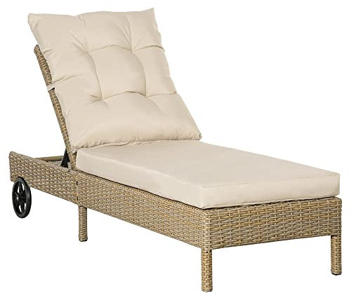 Outsunny Polyrattan Sonnenliege Gartenliege mit Rollen Kissen 4-stufig verstellbar Rattanliege Gartenmöbel Liege Stahl Natur+Khaki 200 x 66 x 92 cm