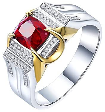 KnSam Echter Goldschmuck, Herren Solitärring 18K Weißgold 750, Verlobungsring Herren 0.95ct Labor Erstellt Rubin mit Diamant, Weiß Gold, Gr.65 (20.7)