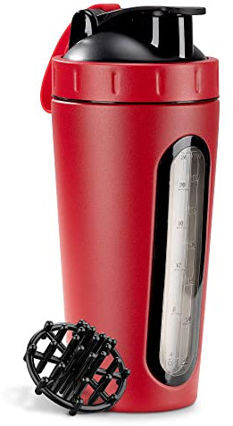 Navaris Stainless Steel Protein Shaker - 750ml Nutrition Protein Drink Bottle with Mixer Blend Ball - 0.75 Litre Protein Shaker - Red