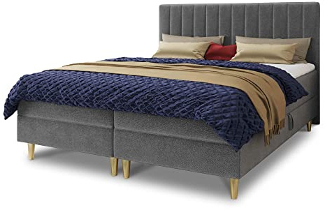 Sofnet Boxspringbett Gold mit 2 Bettkästen und Topper - Doppelbett, Bonell-Matratze, Polsterbett, Bett mit Matratzentopper, Schlafzimmer, Velours Stoff (Grau (Manila 16), 140 x 200 cm)