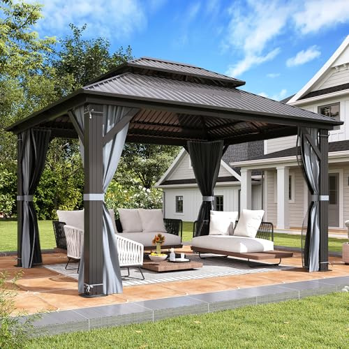 Raysfung 10 X 12ft Hardtop Gazebo, Galvanized Steel Double Roof Gazebo with Nettings and Curtains, Outdoor Aluminum FrameVertical Stripes Roof Permanent Pavilion for Patio, Backyard, Lawns