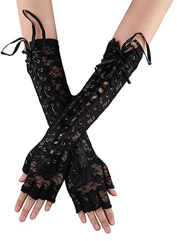 SHTGOI Damen Fingerlose Handschuhe Sexy Schnürbare Handschuhe Steampunk Armstulpen mit Schnürung Lange Ellenbogen Handstulpen Elegant Brautstulpen Sommerhandschuhe für Hochzeit Karneval Schwarz1#