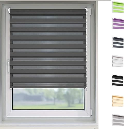 Doppelrollo klemmfix Verdunkelungsrollo, 60x250cm innen lichtdurchlässig & verdunkelnd, Rollos Hitzeschutz Verdunkelnd Duo Rollo mit Bohren Klemmfix für Fenster, Dunkelgrau