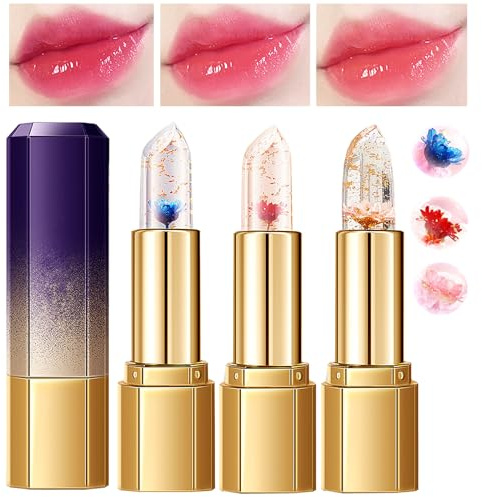 3 Stück/Set Blumengelee-Gelee Lippenstift, Transparente Feuchtigkeitscreme Lang Anhaltender Nahrhafter Balsam Magischer Farbwechsel Lipgloss