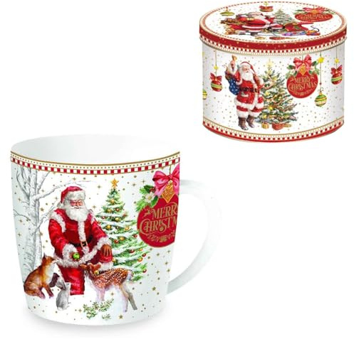 EASY LIFE Christmas Memories Tazza Mug 350ml con Scatola in Latta Babbo Natale Cervi