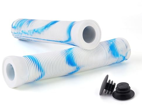 Scooter Grips Fahrradlenkergriffe mit Spundenden, flanschlose Lenkergriffe aus weichem Gummi, Mountainbike-Griffe, Griffe für Stunt-Scooter, MTB, BMX, Urban Bike, Dreirad, Rollstuhl Weiß Blau