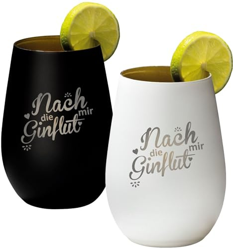 4youDesign 2-er Set Gin Tonic Glas mit Spruch nach mir die GINflut – Geschenk für Männer, Frauen zum Muttertag oder Vatertag – Tumbler-Party-Glas aus Kristallglas – Schwarz & Weiß – 465ml
