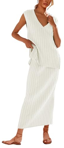 SCUSTY Women's 2 Piece Sweater Skirt Sets Sleeveless V Neck Knit Ribbed Vest Tops Midi Skirt(White-S)