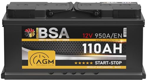 BSA AGM Batterie 12V 110Ah 950A/EN Start-Stop Batterie Autobatterie VRLA statt 105Ah