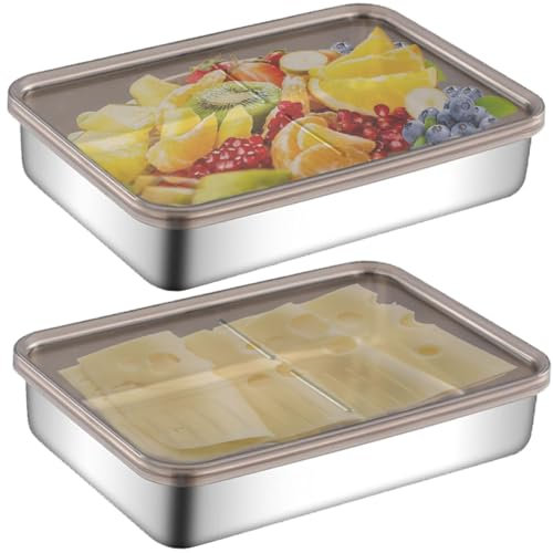 Contenitori Formaggi Frigorifero Set di 2 con Coperchio, Contenitore Conservazione Degli Alimenti Acciaio Inossidabile per Conservare Salumi, Formaggi, Salsicce, Pancetta,Salmone Affumicato,Prosciutto