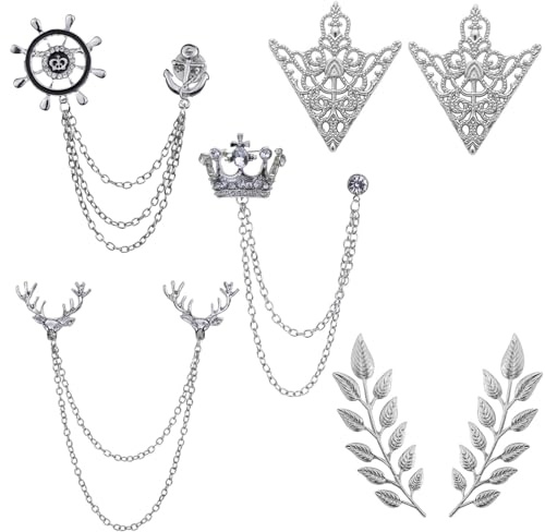 JinYu 7 Pcs Herren Brosche Krone Hängende Kette Brosche Stein Detaillierung mit Gravur Metall Kristall Brosche Anzug Stud Revers Pin Vintage Strass Brustnadel Hochzeit