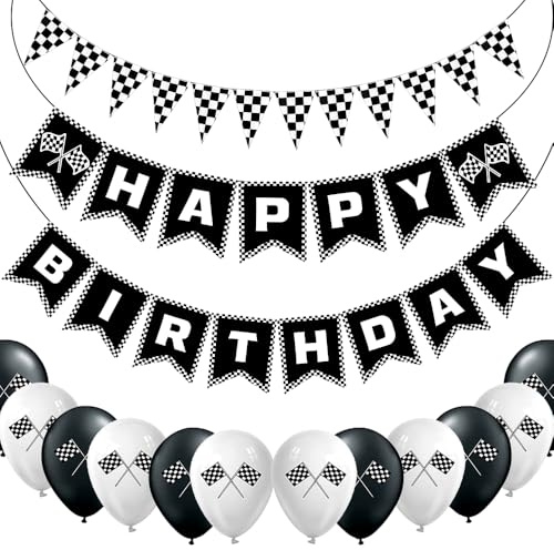 Happy Birthday Checkered Bunting Black and White Triangle Flag Balloons F1 | 6 White 6 Black Competition Race Car Party Bar Surprise Present Indoor Outdoor Celebration Champion Decoration
