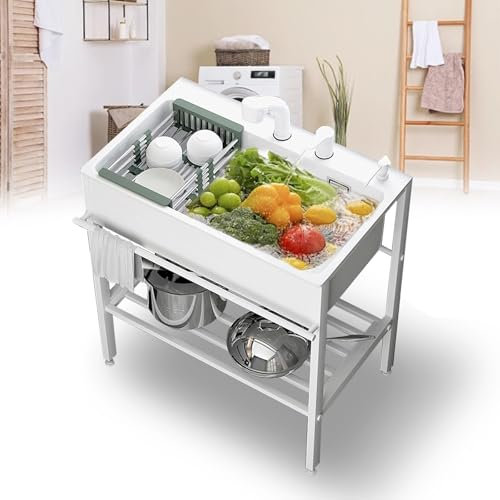 Edelstahl Spültisch Gastro,Spülbecken Waschbecken Freistehender Mit Wasserhahn,mobiles Waschbecken Mit Warmwasser,mit Wasserhahn Und Ständer Für Garage,Restaurant,Wäscherei(79*51*86cm/31.1*20*33.8in)