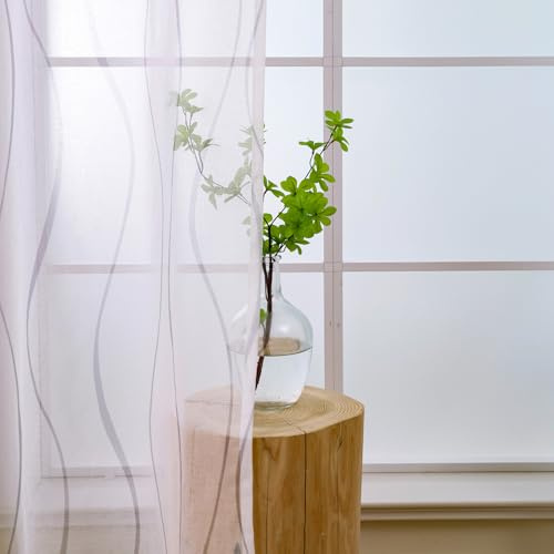 L.Z.E Gardine Weiß Grau für Wohnzimmer Fenster, Vorhang Weiss Hellgrau mit Ösen Kurz, Transparent Gardinen Vorhänge für Schlafzimmer Küche, 2er Set Leinenoptik Schals Modern 175 cm