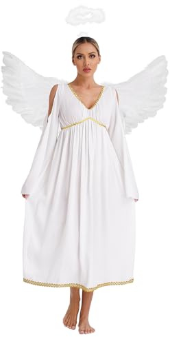 Fldy Disfraz de ángel para mujer, vestido y alas, vestido blanco y alas de plumas, para mujer, ángel celestial, cosplay, Halloween, carnaval, disfraz de fiesta, marfil, 4XL