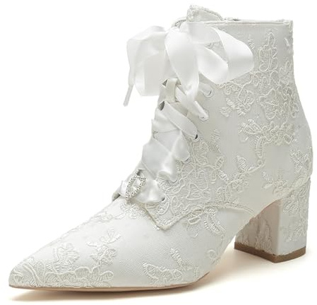 Zapatos de Boda Mujer Botines de Novia Chunky Tacón Alto Punta Chiusa Encaje Botas para Novia,Marfil,41 EU