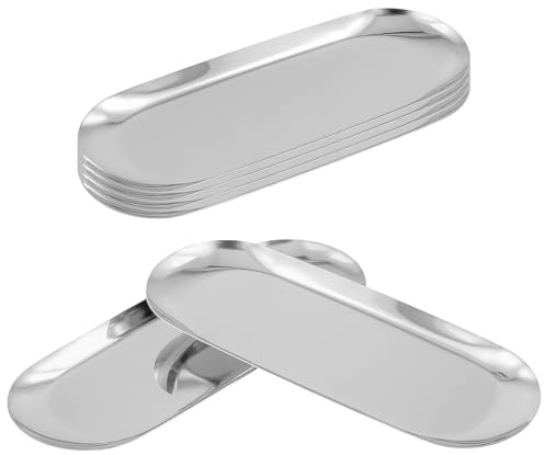CHEUKYIU 6 Stück Edelstahl Tablett, 23 x 9.5 cm Oval Servierplatte, Silber Catering Tablett, Schlemmerplatte für Haus, Restaurant, Hotel