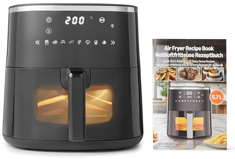 Amazon Basics Freidora de Aire, 5,7L con Ventana de Fácil Visualización, 8 Menús Preestablecidos, 1750W, Color Negro