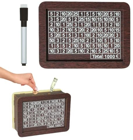 Hucha de Madera,Caja Ahorro,Huchas de Dinero,Caja de Ahorros,Hucha con Objetivo de Ahorro y Números para Marcar Reutilizable Hucha Ahorro Retro Hucha Cerdito Alcancia €1.000 para Adultos y Niños