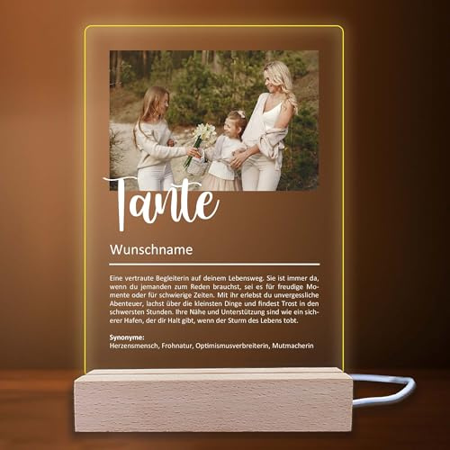 INDIGOS UG - LED Lampe personalisiert - Tante Definition - Bild mit Wunschtext - Wunschname - personalisiertes Nachtlicht - Geschenk, Geburtstag, Weihnachten - optionale Lampe warmweiß