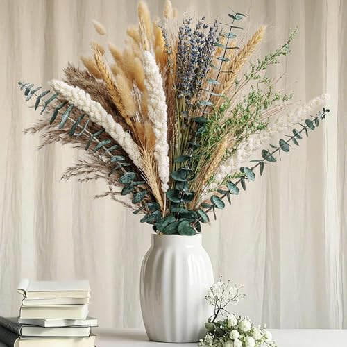 Boho Dried Flower Bouquet – Pampas Grass Bouquet with Lavender, Eucalyptus, Wheat & Bunny Tail – Rustic Dried Floral Arrangement for Olive Green Decor, Farmhouse Flowers, and Wedding Centerpieces
