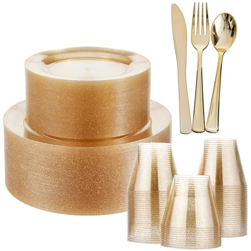 MATANA 360-teiliges Premium Geschirrset – Wiederverwendbar & Elegant für 60 Gäste – Teller mit Goldrand, Becher & 180-teiliges Besteck – Ideal für Hochzeiten, Partys & Feiern