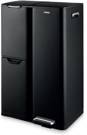Tower Recycling Pedal Bin, Three Individual Compartments with Removable Inner Buckets, Carbon Steel Body, 60L, Black