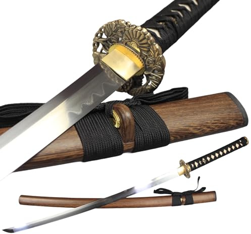 Katana Schwert Scharf Lehmgehärteter Damaststahl Samurai Schwert Echt 103CM Alle Messingbeschläge