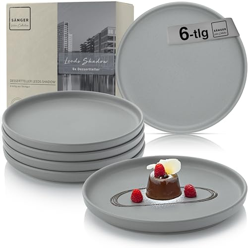 SÄNGER Leeds Shadow | Dessertteller 6 teilig, Steingut Frühstücksteller 6 Personen, Kuchenteller kleine Teller spülmaschinenfest mikrowellenfest, Steingut Geschirr dunkelgrau | VALUE COLLECTION