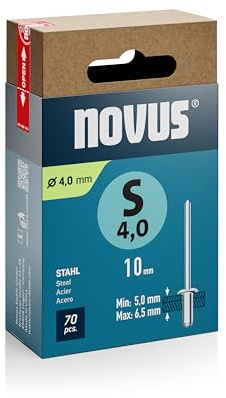 Novus Tools Stahl-Blindnieten Ø 4,0 mm, 10 mm Länge, 70 Nieten | Klemmlänge 5,0 - 6,5 mm, Nietmittel zur dauerhaften Befestigung von Stahlblechen und robusten Metallkonstruktionen