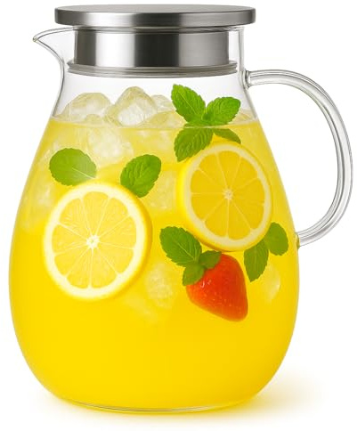 1 Gallon Glass Pitcher Water Jug with Lid – Family Size Large Drink Pitcher for Lemonade Iced Tea Cold Brew, Perfect for BBQ Kitchen Party