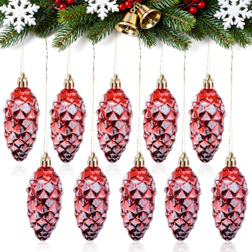 Joxessaien 10 Stück Christbaumschmuck Zapfen Rot, Baumschmuck Weihnachten Zapfen, Schmuck Weihnachtsbaum, Christbaumschmuck zum Anhängen für Weihnachtsdeko
