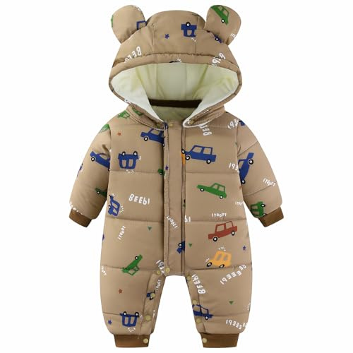 JiAmy Babyoverall, småbarn vintersparkdräkt flickor pojkar, vinteroverall med huva, långärmad jumpsuit, sött tryck för 3–24 månader, bil, 6-9 månader