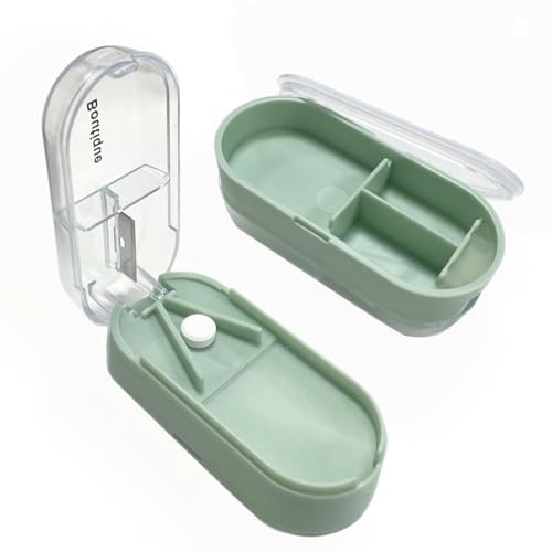 Tagliapillole portatile, portapillole, per pillole piccole o grandi, tagliapillole, con lama in acciaio inox e scomparto portaoggetti, taglia e conserva in un unico tagliapillole (Green)