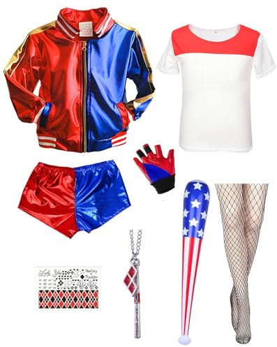 BITOYO Costumi Quinn Donna, Costume Cosplay Quinn Adulti con Maglietta Giacca Pantaloncini Collant a Rete e Tatuaggio, Costume da Clown Quinn da Donna per Halloween Carnevale e Joker Cosplay M
