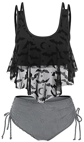 CLSDRZC Stripe Print Mesh Padded Tankini Set Women Swimsuit Fashion Gothic Two Piece Bathing Suit Beachwear
