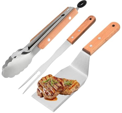 Set de 3 Pièces Spatule Plancha, Ustensiles Plancha, Spatule Cuisine | Acier Inoxydable, avec Pince et Fourchette, pour Barbecue Plancha Poêle Raclette, Cuisine Extérieure et Grillades