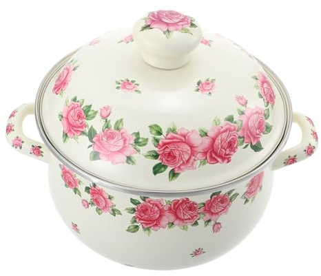 WEKADRIN Olla de Esmalte Vintage Rosa con Doble Asa y Tapa Cacerola Resistente al Calor para Guisos Menaje de Cocina sin Recubrimiento Olla de Sopa Antiadherente Segura y Duradera