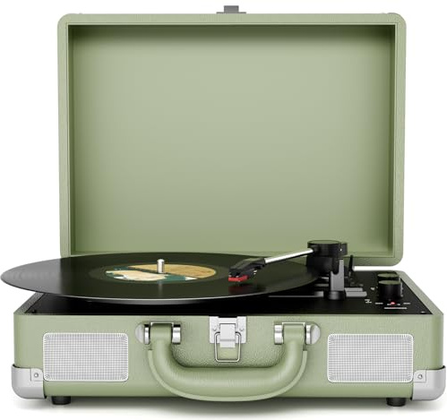 Vinyl Record Player 3-Speed Bluetooth Suitcase Portable Belt-Driven Record Player with Built-in Speakers RCA Line Out AUX in Headphone Jack Vintage Turntable,Aegean Green