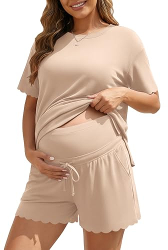 Charmo Maternity Set over Belly Shorts Pockets 2 Piece Drawstring Traval Vacation Outfits Oversized Side Split Shir tBeige M