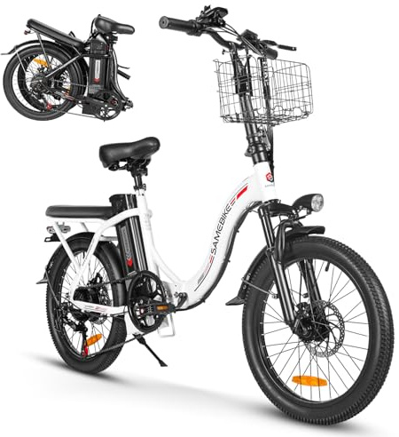SAMEBIKE 20 Folding Electric Bike for Adults with 36V13AH Removable Battery,Powerful Electric Bicycle, 70km Range & 25km/h,7-Speed Commuter Ebike,Free Front Basket & Phone Holder (White)