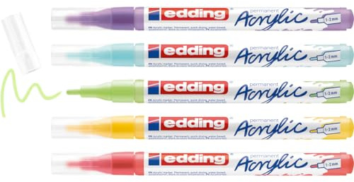 edding 5300 Acrylic Rainbow Set – 5 Acrylmarker bunt – wasserfeste Acrylstifte – feiner Rundspitze 1-2 mm – Acryl Farben in farbenfroher Auswahl zum Bemalen von Leinwand, Papier, Holz & Stein