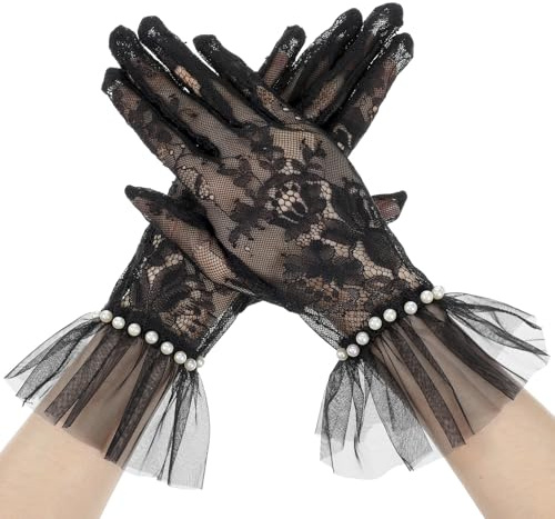 Abeillo Short Lace Gloves Women Lace Gloves with Faux Pearl Tea Party Glove for Evening Wedding Opera Prom 1920s(Black)