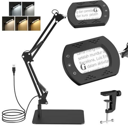 Moko Lupa 15X 30X con Luz Y Soporte, Lámpara De Escritorio con Pinza, Lupa con Luz Led Regulable Sin Escalonamientos Y 5 Modos De Color, Lupa De Escritorio para Trabajos De Precisión, Lectura, Negro